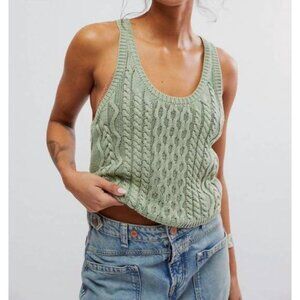 NEW Free People High Tide  100% Cotton Cable Tank top in Green Tea